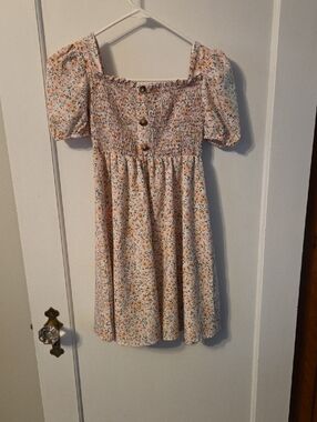 SHEIN Pink Floral Smocked Puff Sleeve Dress with Button Front